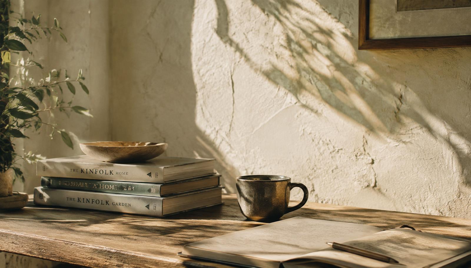 A sunlit practitioner's workspace with books and an open notebook